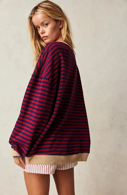 Striped Casual Pullover with Ribbed Cuffs for Women