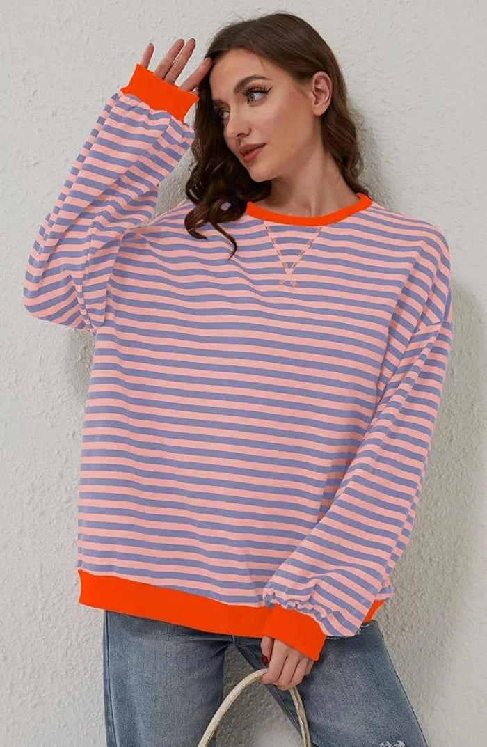 Striped Casual Pullover with Ribbed Cuffs for Women