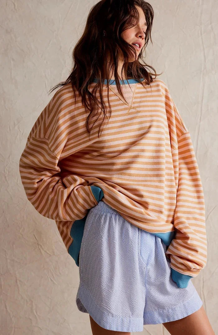 Striped Casual Pullover with Ribbed Cuffs for Women