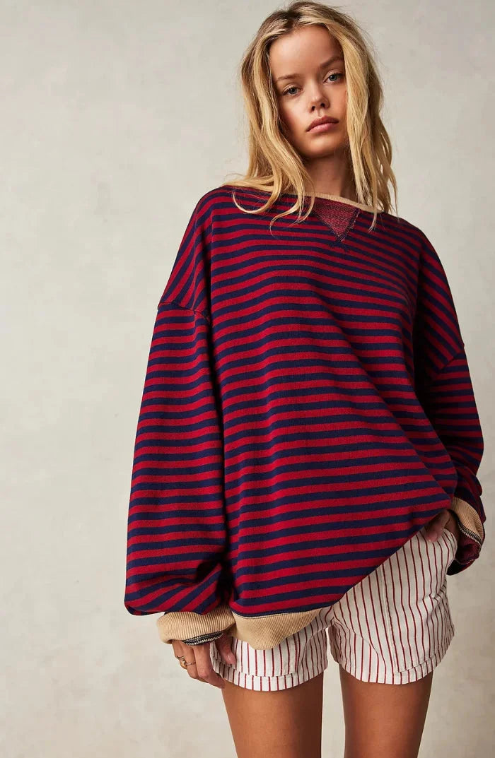 Striped Casual Pullover with Ribbed Cuffs for Women