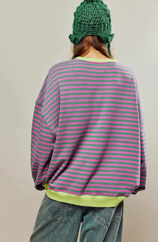 Striped Casual Pullover with Ribbed Cuffs for Women