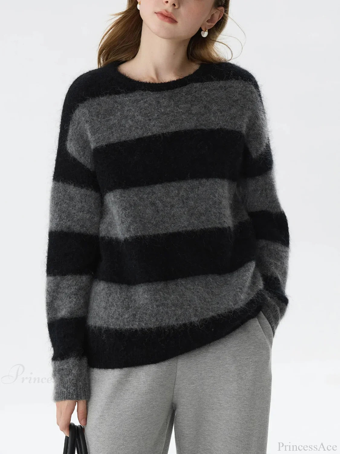 Striped Jumper with Fuzzy Texture and Crew Neck for Womens