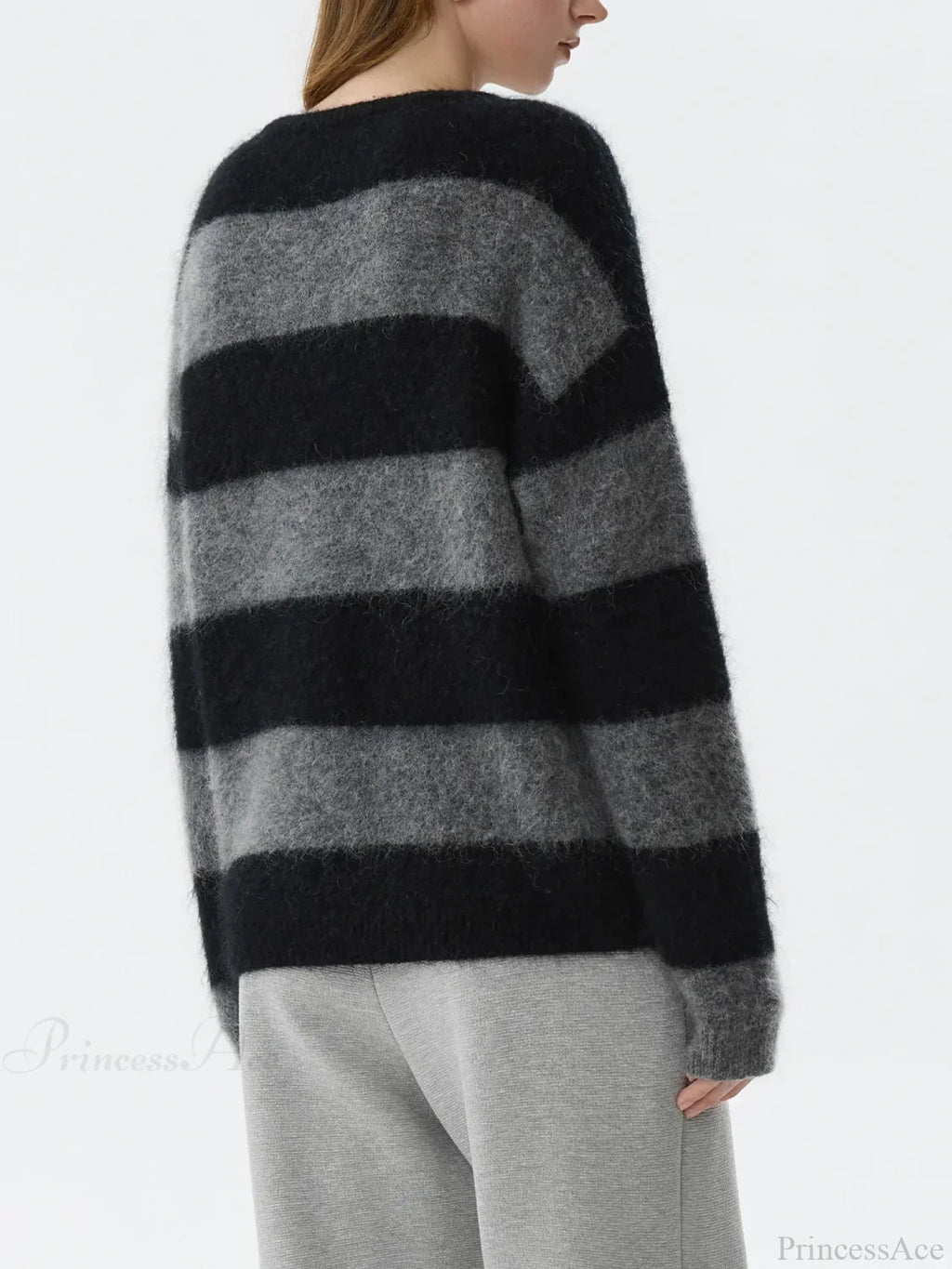 Striped Jumper with Fuzzy Texture and Crew Neck for Womens