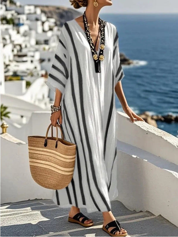 Striped Long Kaftan Dress with Side Pocket Detail for Women