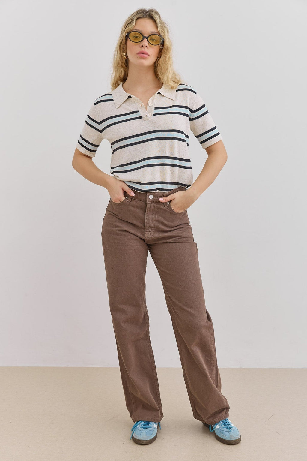 Striped Polo Shirt with Short Sleeves for Women