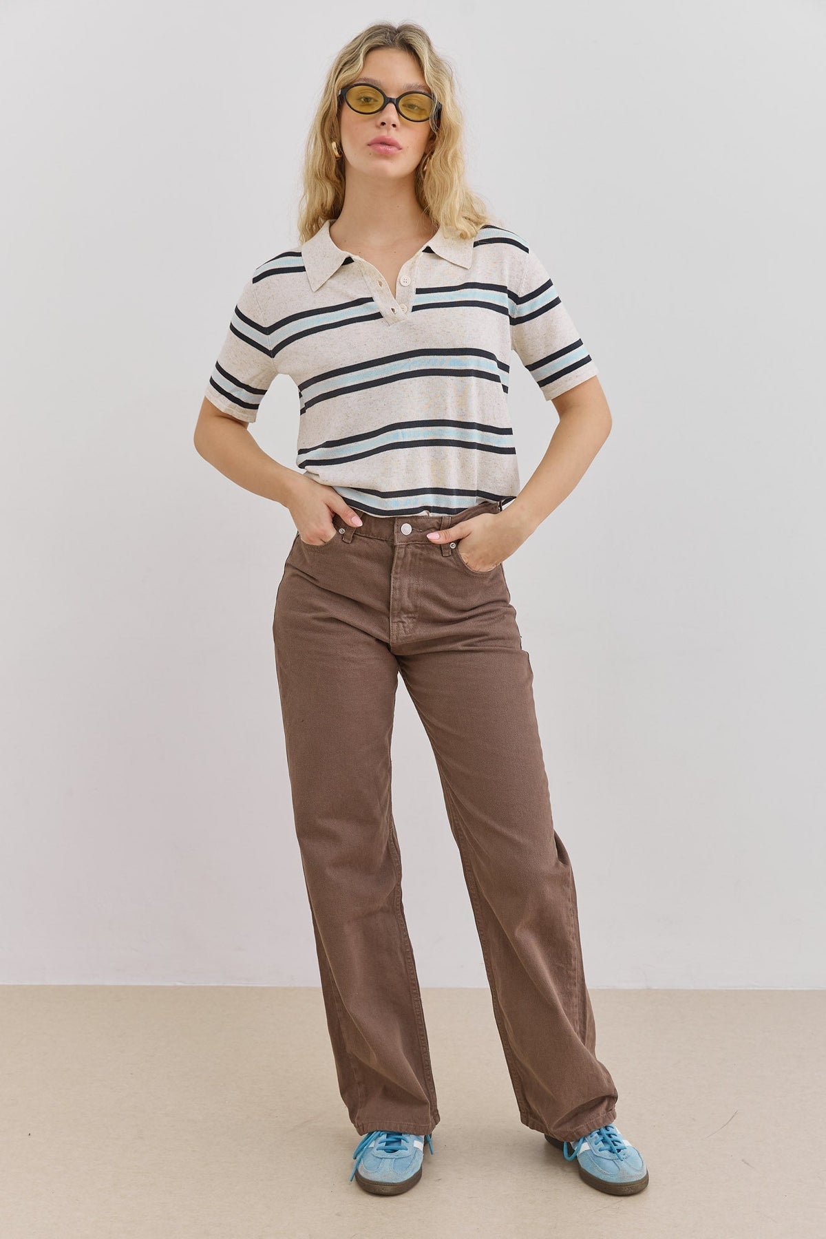 Striped Polo Shirt with Short Sleeves for Women