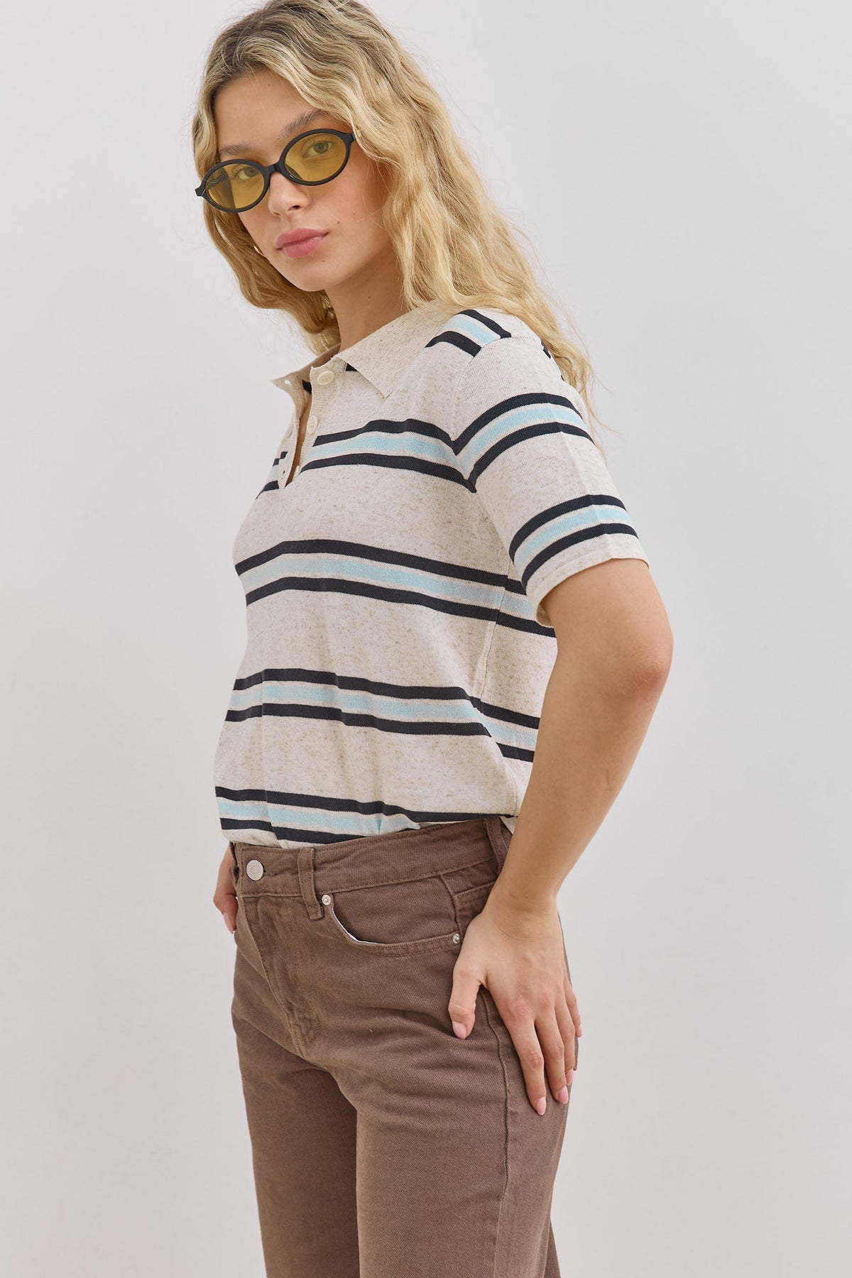 Striped Polo Shirt with Short Sleeves for Women