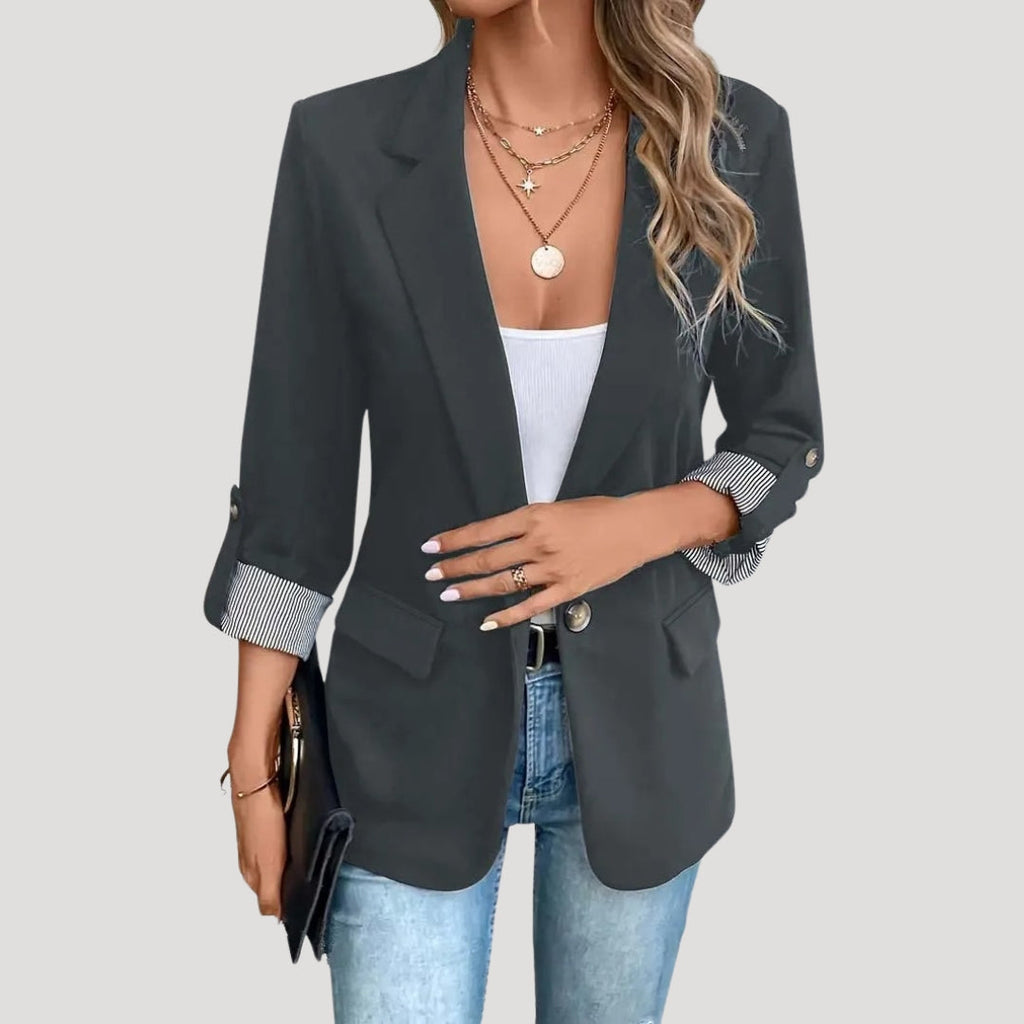 Striped Rolled-Cuff Blazer with Front Flap Pockets for Women