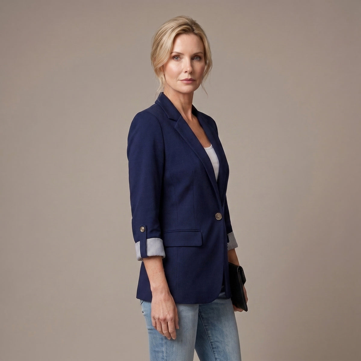 Striped Rolled-Cuff Blazer with Front Flap Pockets for Women