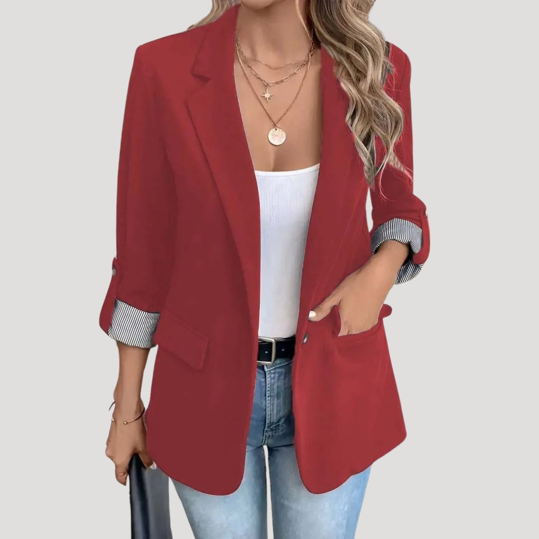 Striped Rolled-Cuff Blazer with Front Flap Pockets for Women