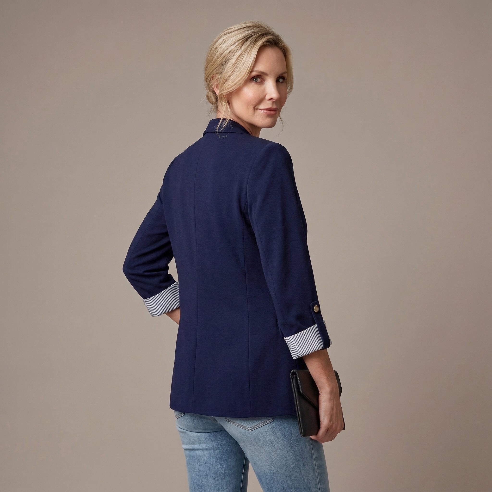 Striped Rolled-Cuff Blazer with Front Flap Pockets for Women