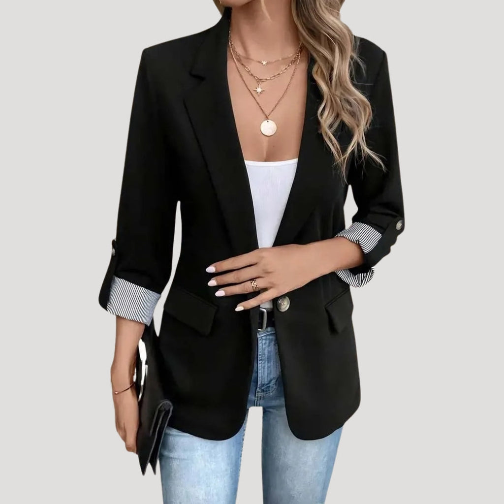Striped Rolled-Cuff Blazer with Front Flap Pockets for Women