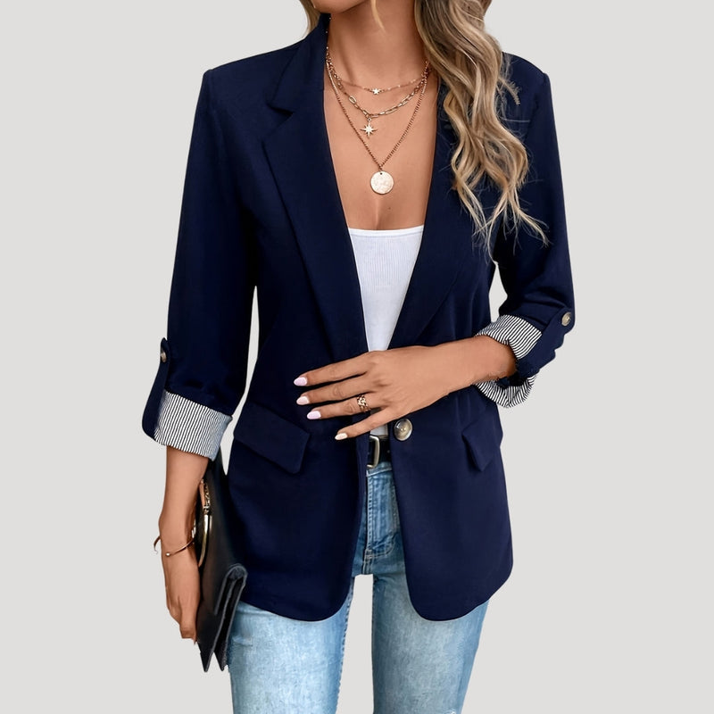 Striped Rolled-Cuff Blazer with Front Flap Pockets for Women