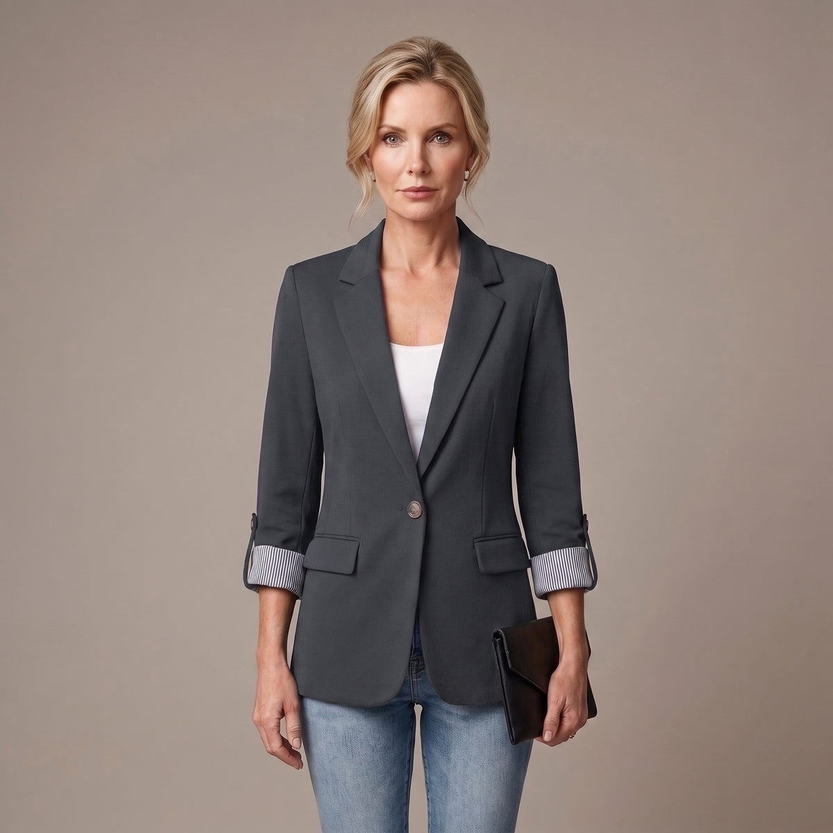 Striped Rolled-Cuff Blazer with Front Flap Pockets for Women