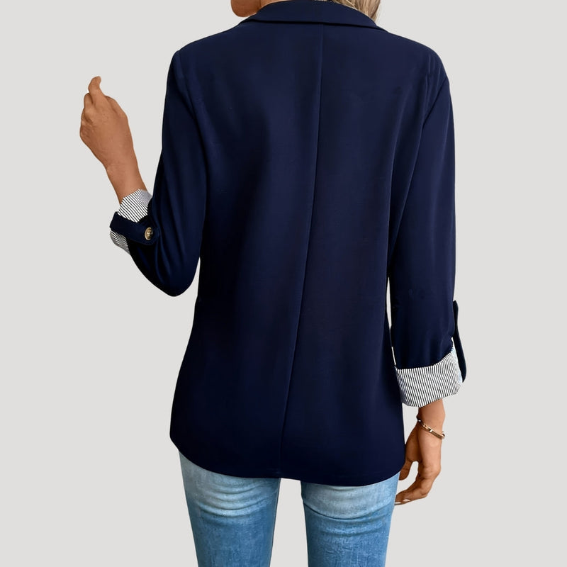 Striped Rolled-Cuff Blazer with Front Flap Pockets for Women