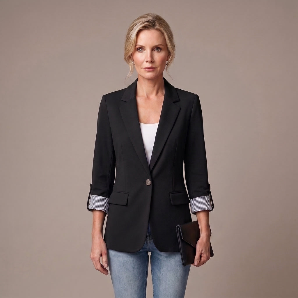 Striped Rolled-Cuff Blazer with Front Flap Pockets for Women