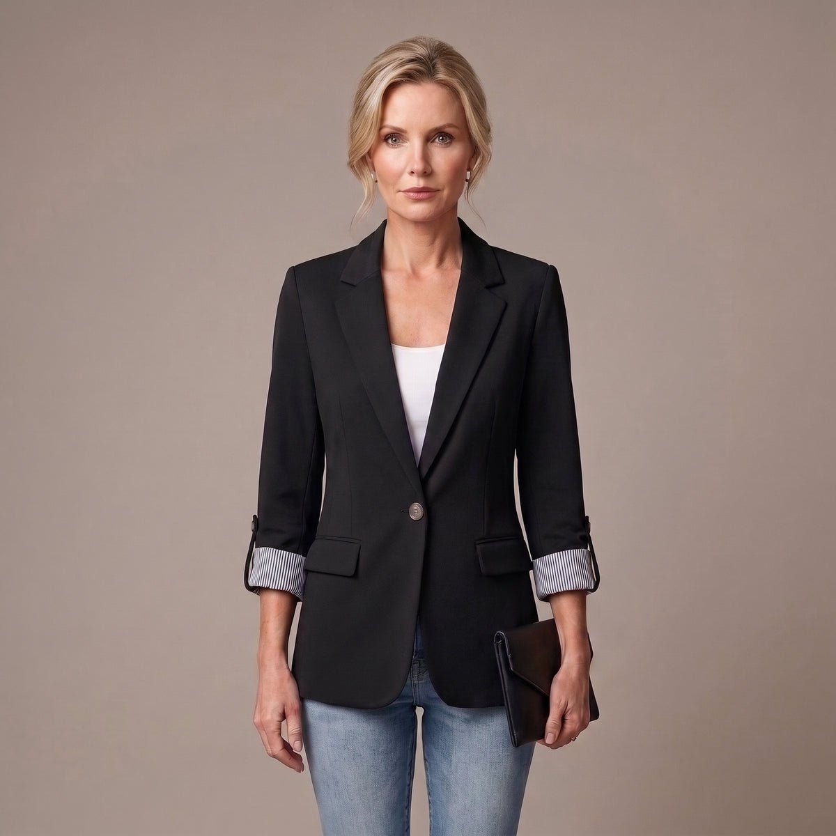 Striped Rolled-Cuff Blazer with Front Flap Pockets for Women