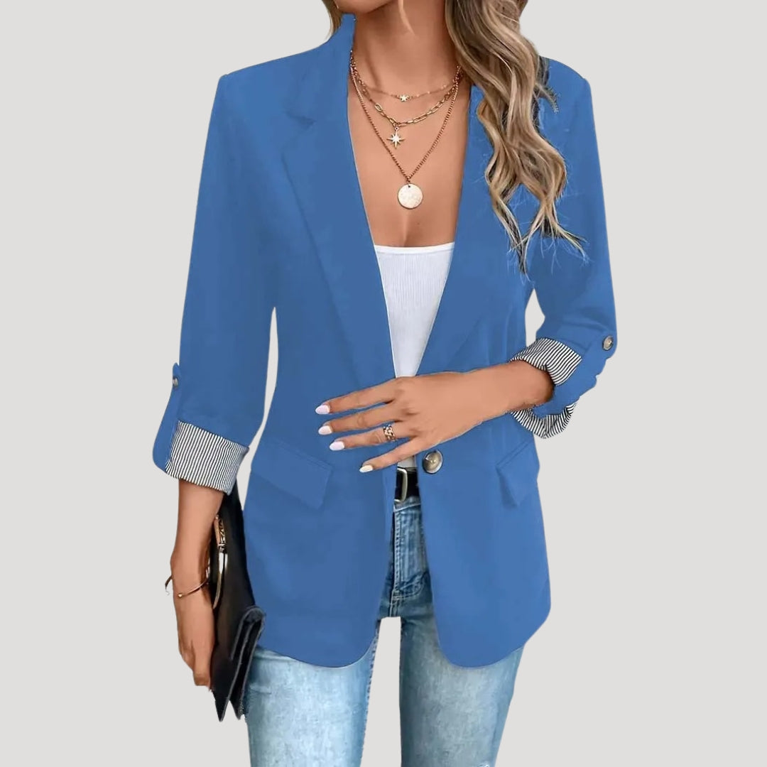 Striped Rolled-Cuff Blazer with Front Flap Pockets for Women