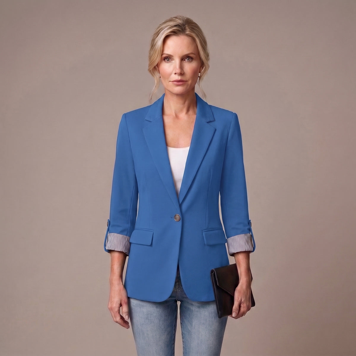 Striped Rolled-Cuff Blazer with Front Flap Pockets for Women