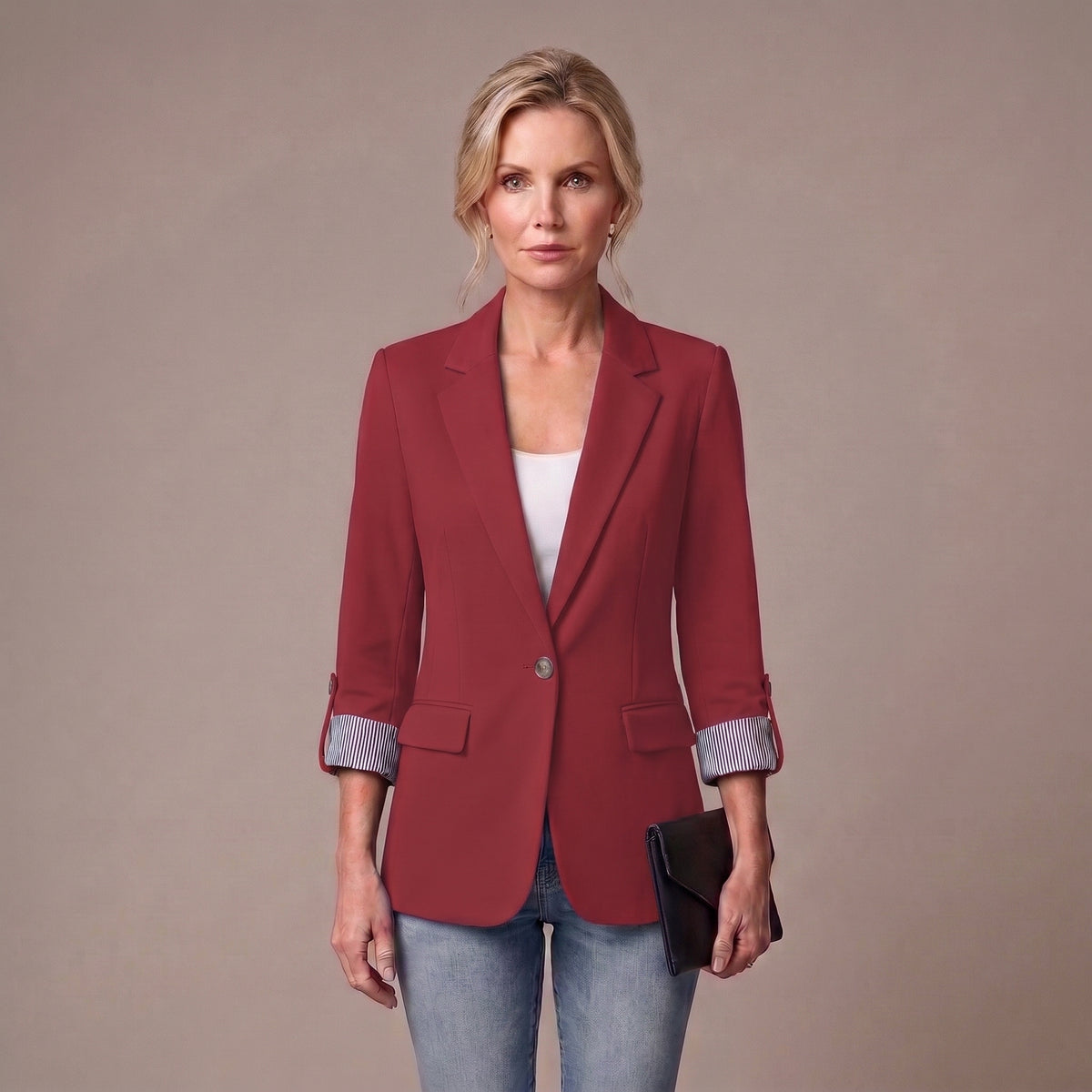 Striped Rolled-Cuff Blazer with Front Flap Pockets for Women