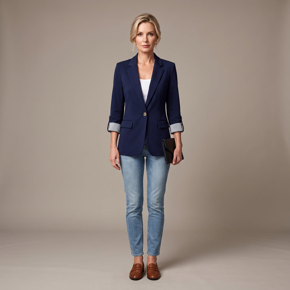 Striped Rolled-Cuff Blazer with Front Flap Pockets for Women