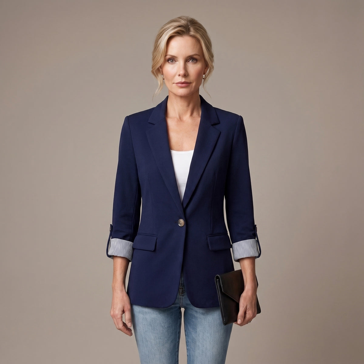 Striped Rolled-Cuff Blazer with Front Flap Pockets for Women