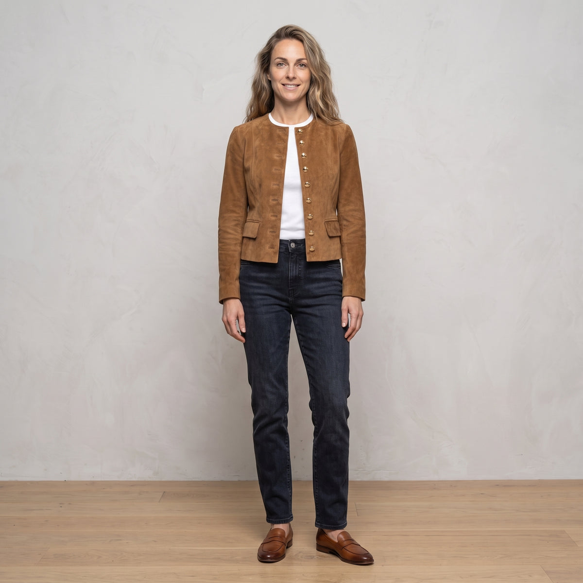 Suede Collarless Jacket with Flap Pockets for Women