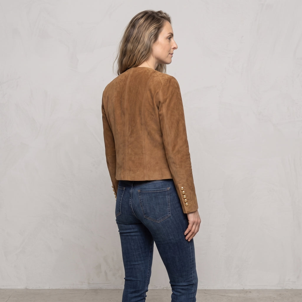 Suede Collarless Jacket with Flap Pockets for Women