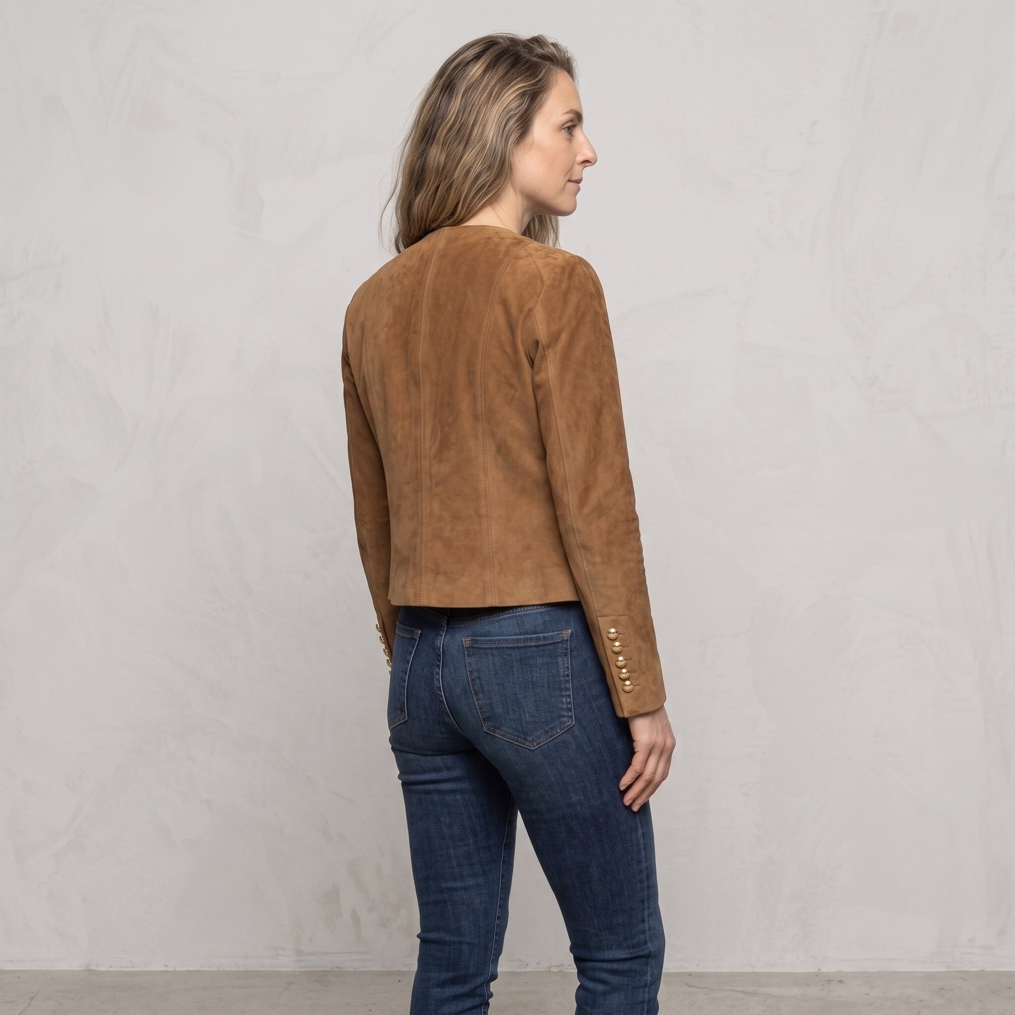 Suede Collarless Jacket with Flap Pockets for Women