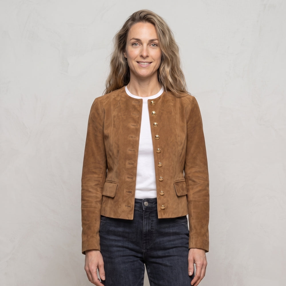 Suede Collarless Jacket with Flap Pockets for Women