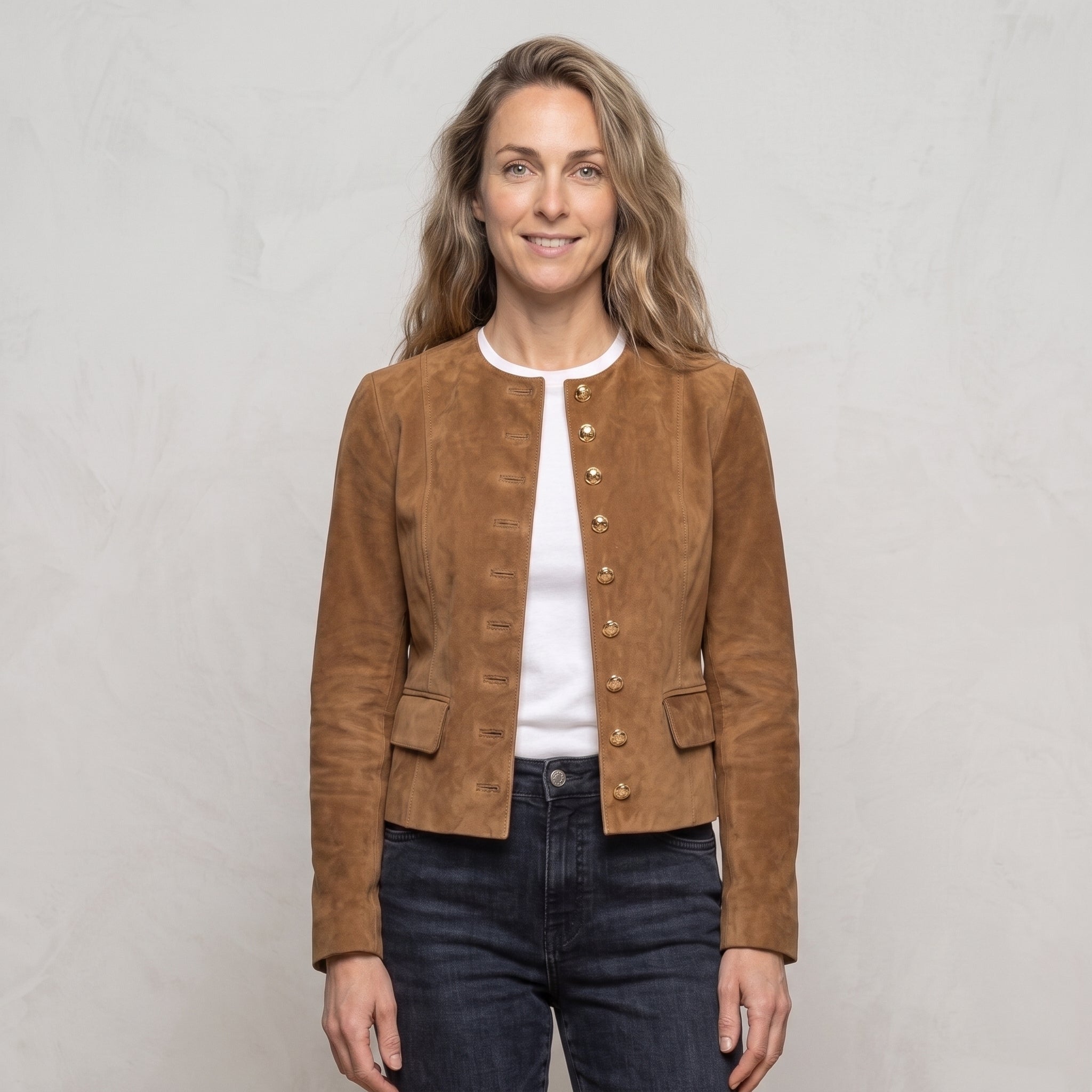 Suede Collarless Jacket with Flap Pockets for Women