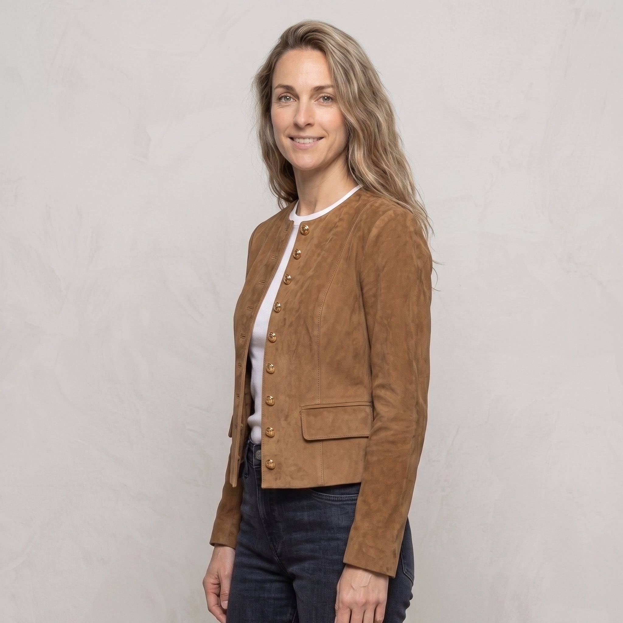 Suede Collarless Jacket with Flap Pockets for Women