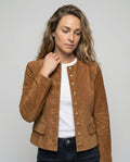 Suede Collarless Jacket with Flap Pockets for Women