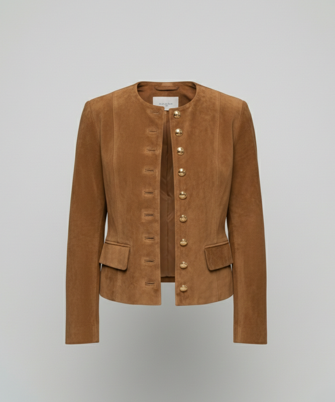 Suede Collarless Jacket with Flap Pockets for Women