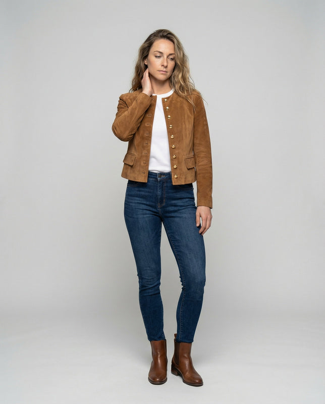 Suede Collarless Jacket with Flap Pockets for Women