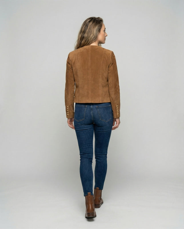 Suede Collarless Jacket with Flap Pockets for Women