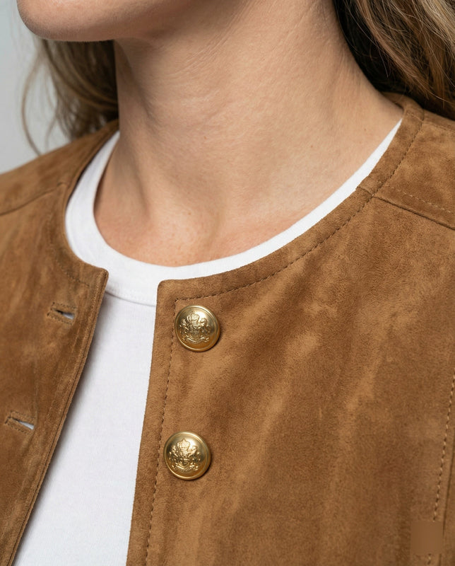Suede Collarless Jacket with Flap Pockets for Women