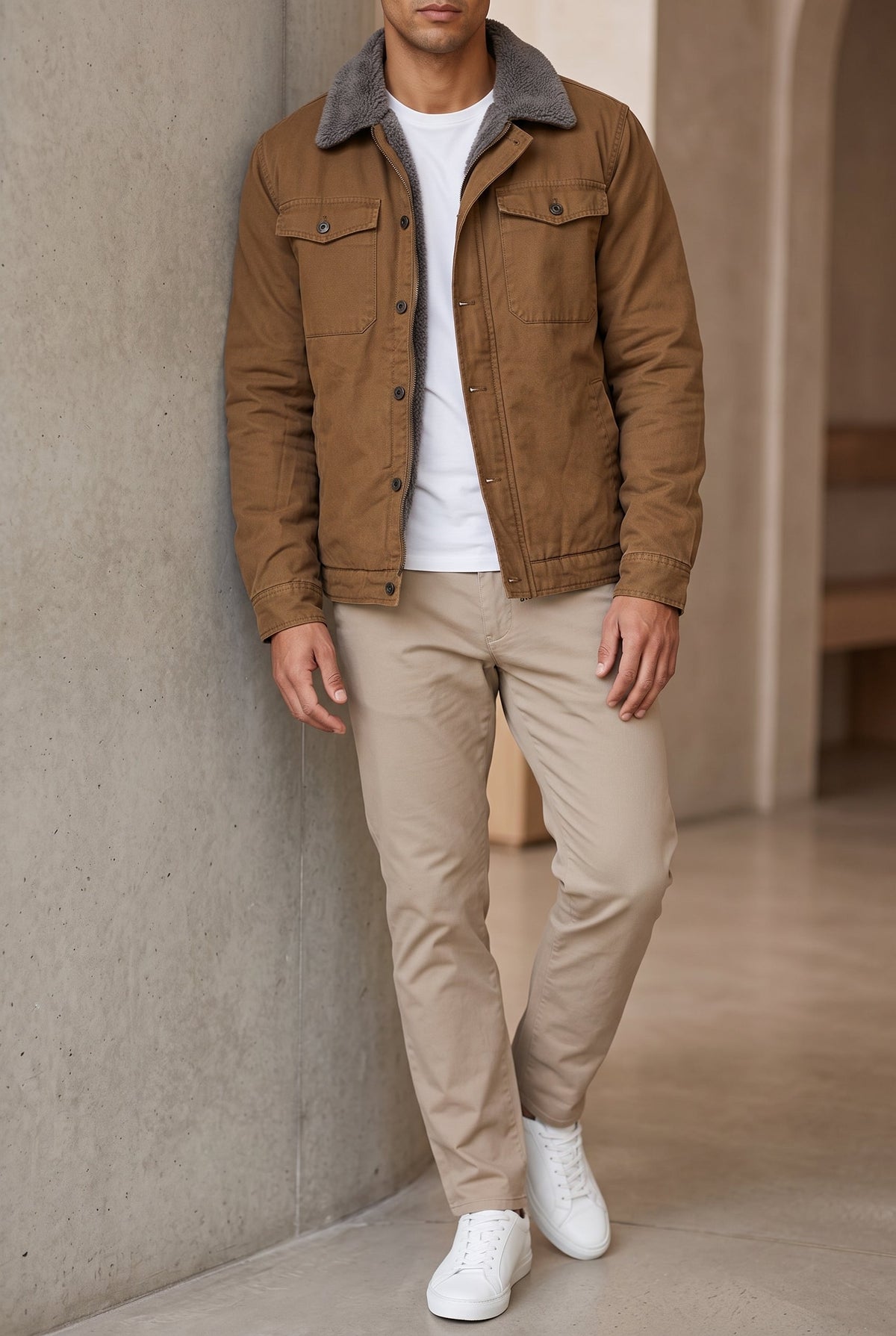 Suede Look Jacket with Collar and Chest Pockets for Men