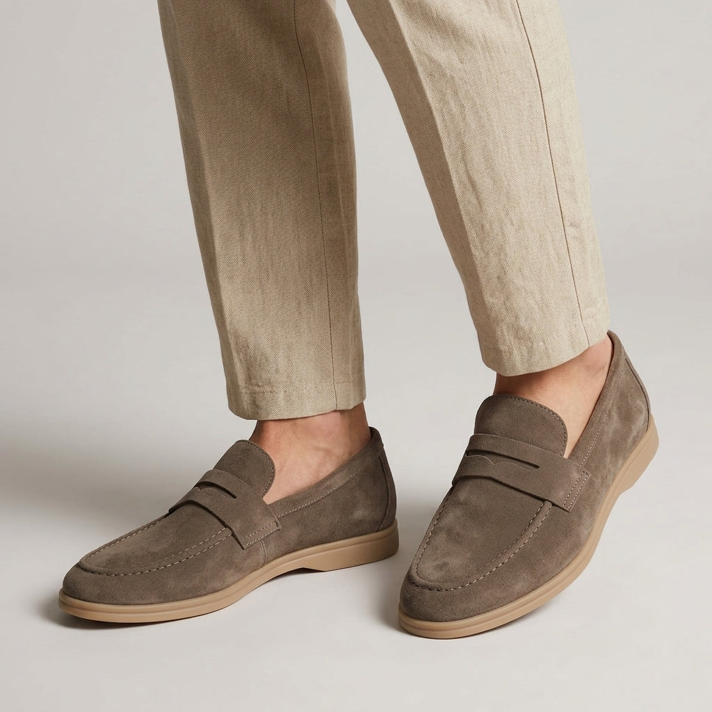 Suede Penny Loafers with Low Heel and Contrast Sole for men