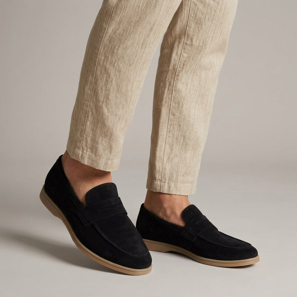 Suede Penny Loafers with Low Heel and Contrast Sole for men
