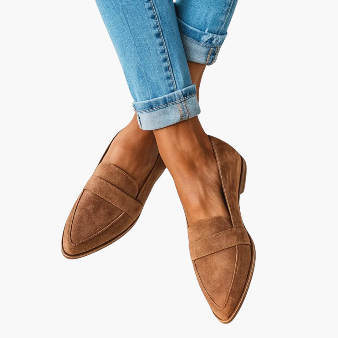 Suede Pointed-Toe Loafers with Decorative Vamp Strap for Women