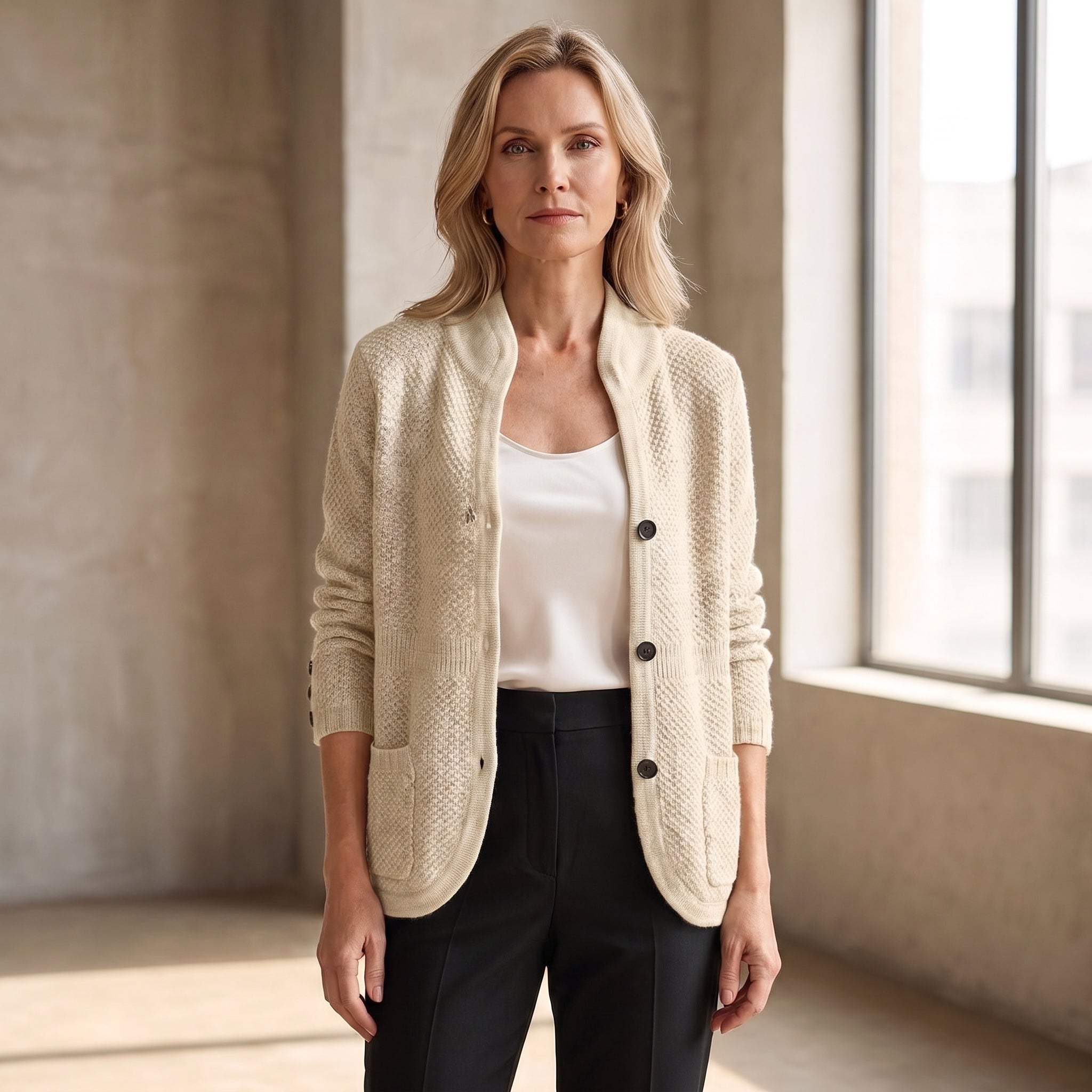 Textured Knit Cardigan with Stand Collar for Women