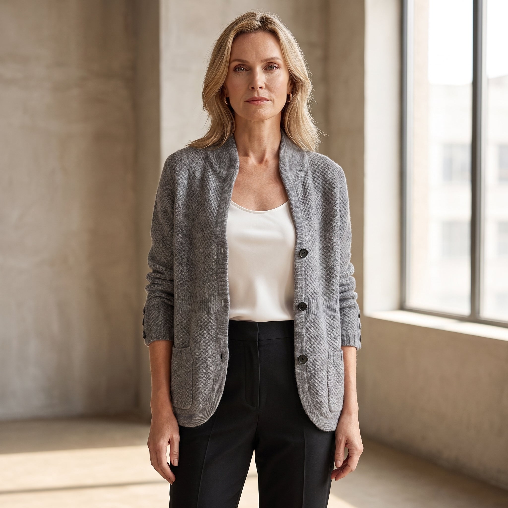 Textured Knit Cardigan with Stand Collar for Women