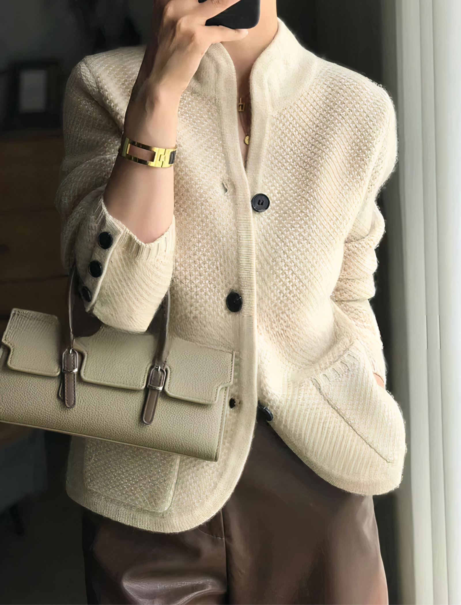 Textured Knit Cardigan with Stand Collar for Women