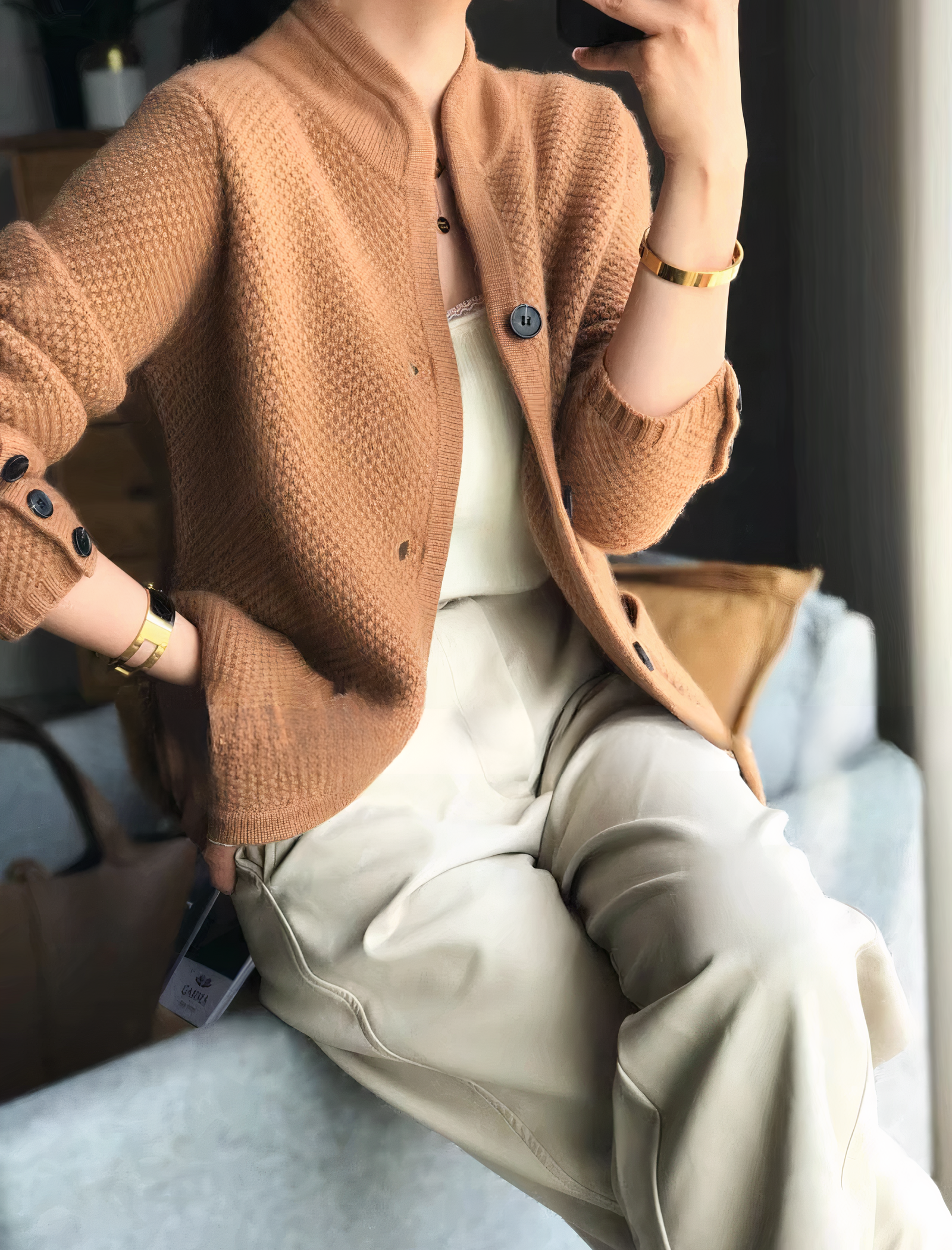 Textured Knit Cardigan with Stand Collar for Women