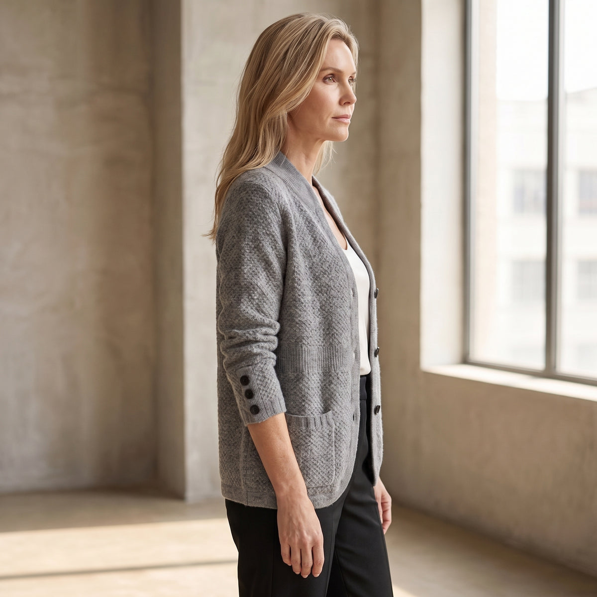 Textured Knit Cardigan with Stand Collar for Women