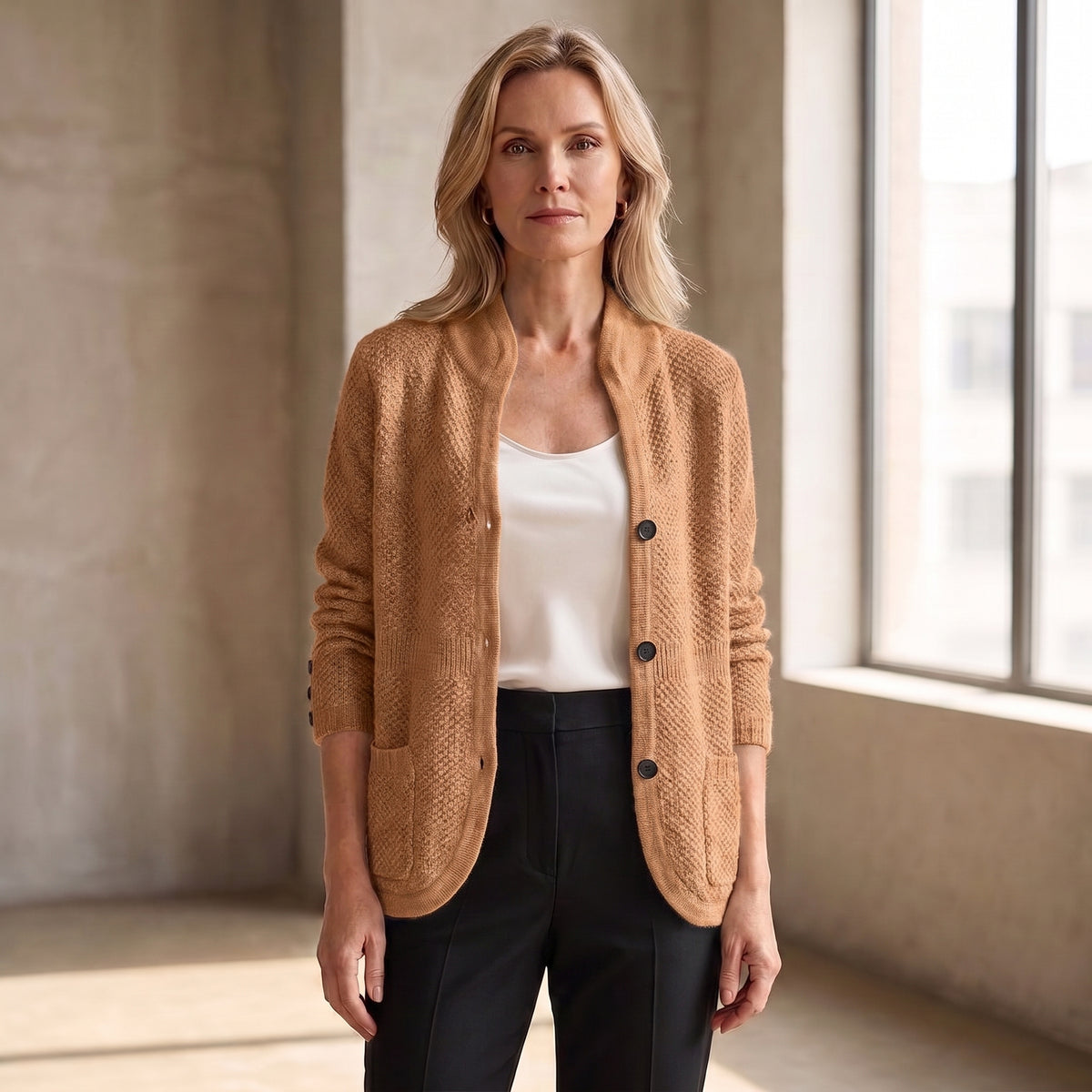 Textured Knit Cardigan with Stand Collar for Women