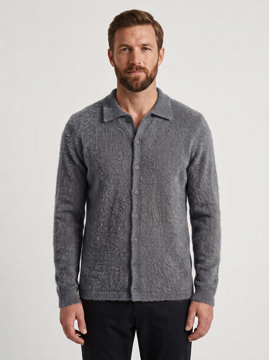 Textured Knit Polo Jumper with Button Front for Mens