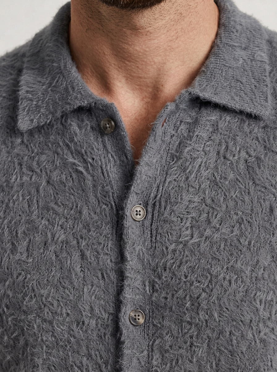 Textured Knit Polo Jumper with Button Front for Mens