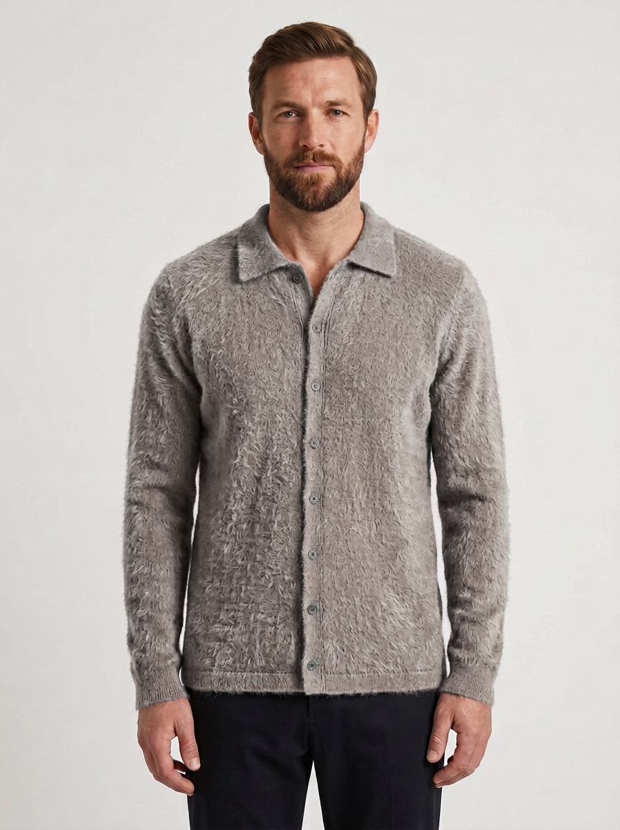 Textured Knit Polo Jumper with Button Front for Mens